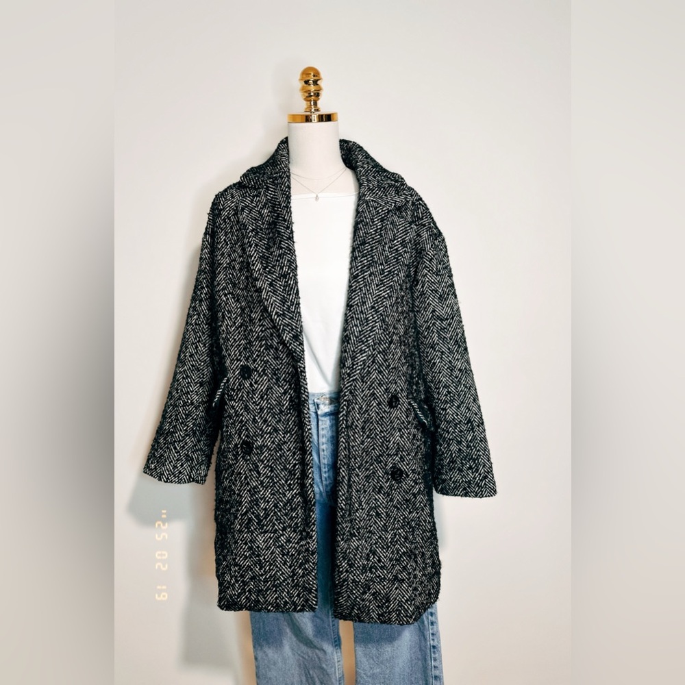Abercrombie houndstooth peacoat trench coat wool lined jacket black and white